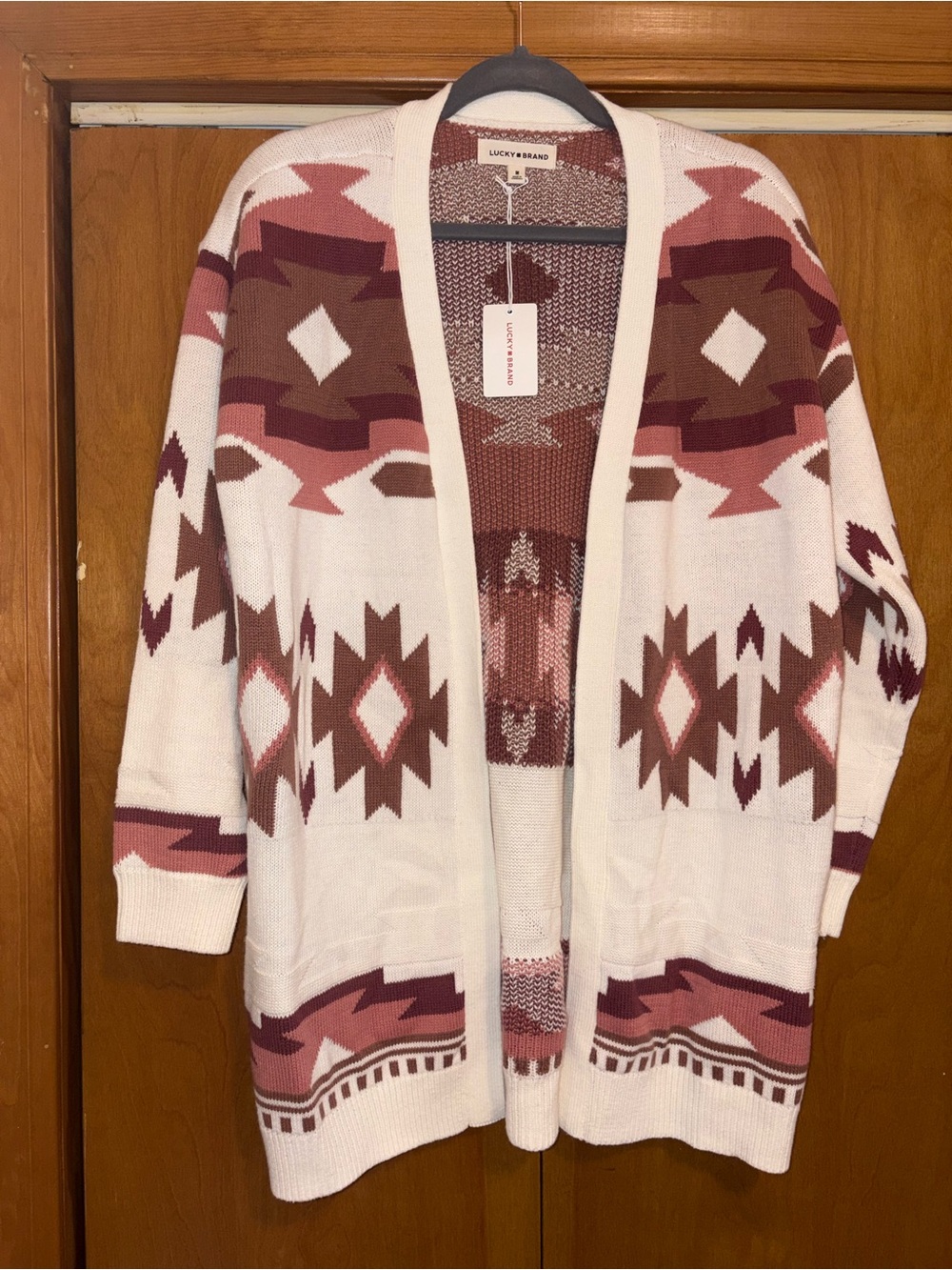 Lucky Brand Cream, Pink & Brown Aztec Open-Front Knit Cardigan